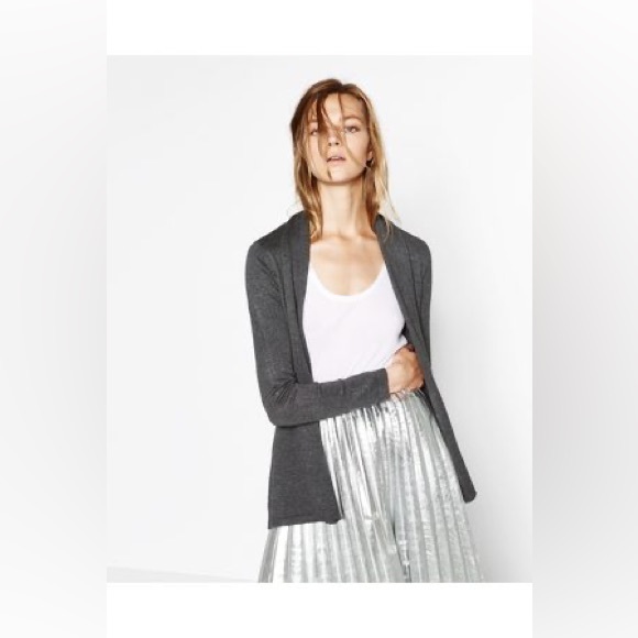 Zara Knit Grey Draped Neck Open Cardigan - Picture 2 of 10